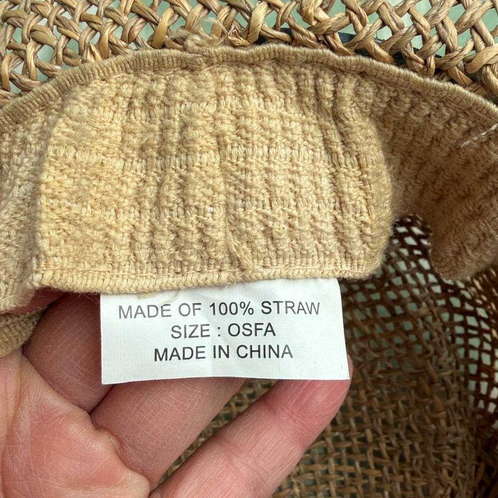 Woven Tan Straw Sun Hat with Blue Floral Fabric Band - Picture 5 of 7